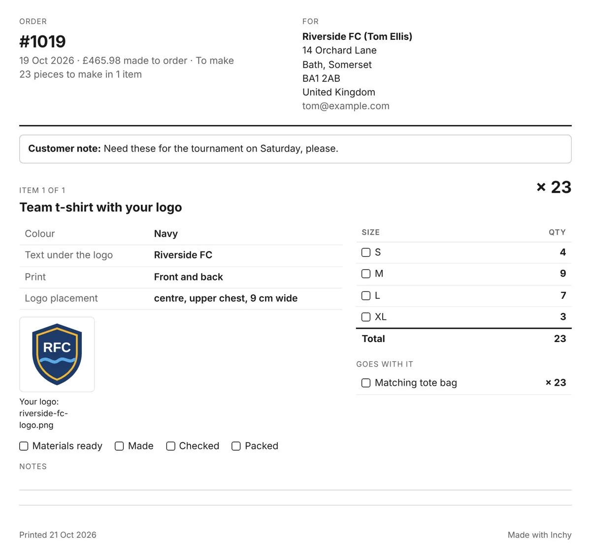 Inchy production sheet for team order #1019: 23 navy shirts with the club logo, 4 S, 9 M, 7 L, 3 XL, with tick boxes