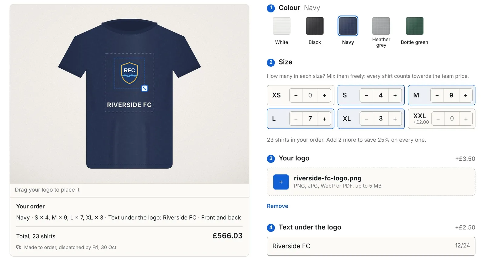 Inchy team t-shirt builder: navy shirt with an uploaded club logo, 23 shirts across sizes S to XL, total £566.03